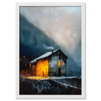 Alps Shelter - Poster depicting a warm mountain house in a misty evening, showcasing serene winter scenery.