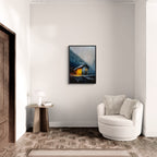 Alps Shelter - Poster showcased in a modern minimalist interior with warm glowing house art.