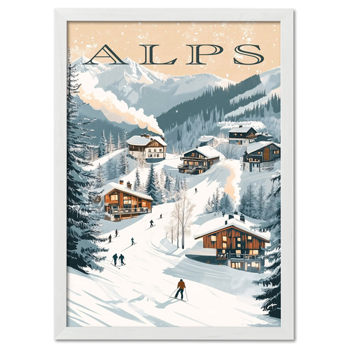 Alps - Ski Resort Adventure - Poster featuring ski chalets and snowy slopes in a winter landscape.
