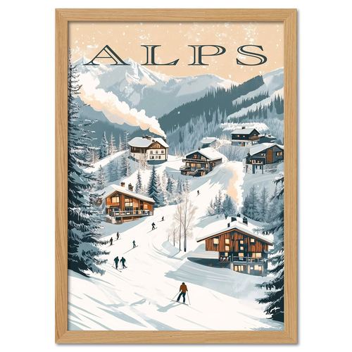 Alps - Ski Resort Adventure - Poster featuring chalets and skiers in a snowy mountain landscape.