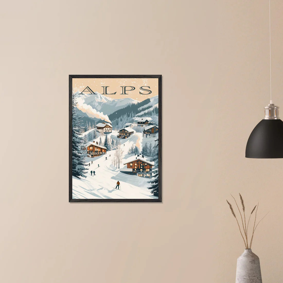 Alps - Ski Resort Adventure - Poster showcasing winter chalets and snowy slopes, perfect wall art for cozy interiors.