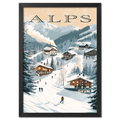 Alps - Ski Resort Adventure - Poster showcasing ski landscape with chalets and snowy slopes.