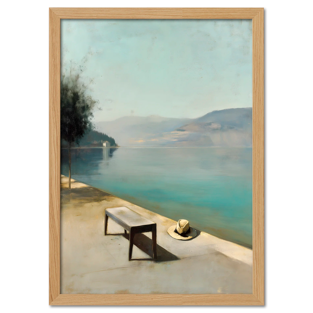 Alps Still - Poster featuring a calm lakeside scene with a bench and a hat under soft daylight.
