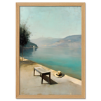 Alps Still - Poster featuring a calm lakeside scene with a bench and a hat under soft daylight.