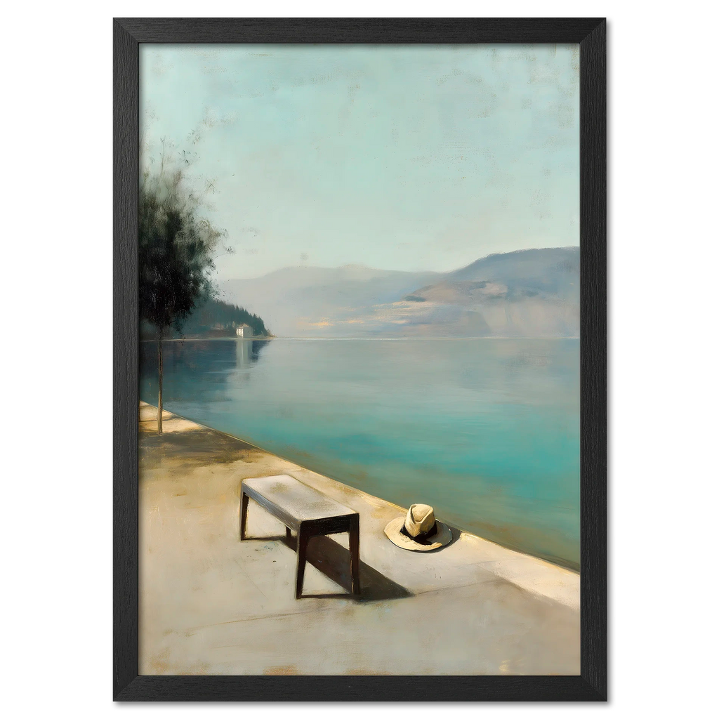 Alps Still - Poster featuring a serene lakeside scene with a bench and hat under soft daylight.