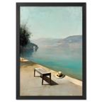 Alps Still - Poster featuring a serene lakeside scene with a bench and hat under soft daylight.
