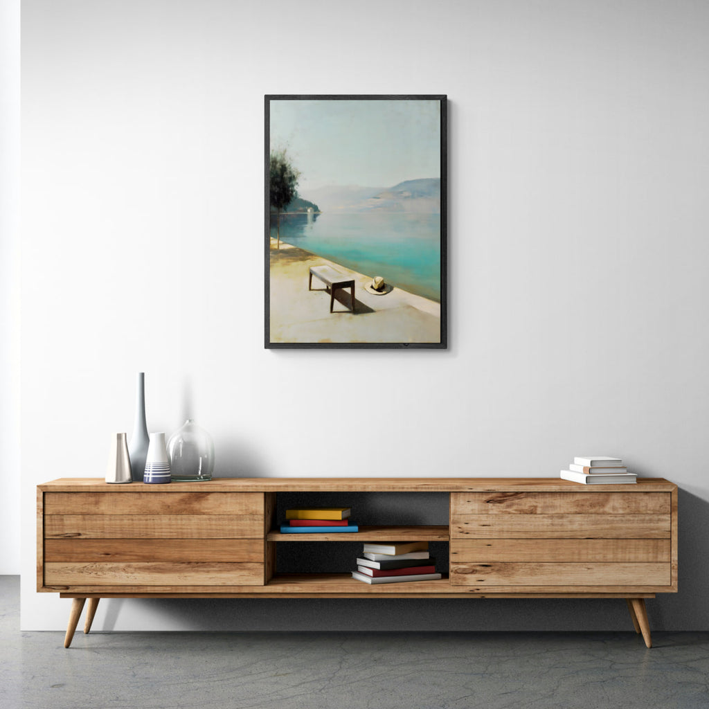 Alps Still - Poster showcased on a wooden media console, enhancing modern minimalist interior decor.