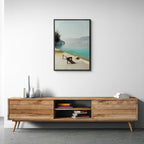 Alps Still - Poster showcased on a wooden media console, enhancing modern minimalist interior decor.
