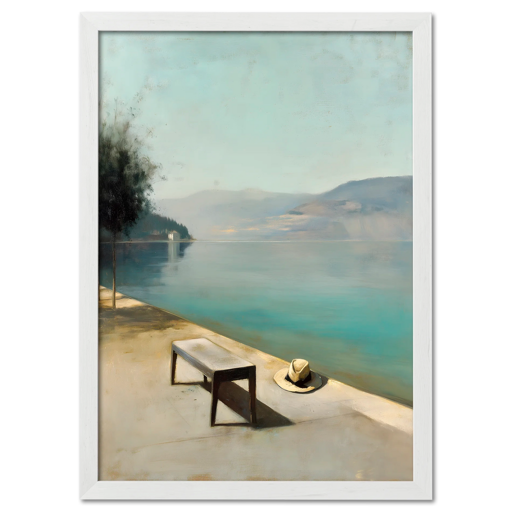 Alps Still - Poster featuring a lakeside scene with a bench and hat, evoking peace and tranquility.
