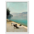 Alps Still - Poster featuring a lakeside scene with a bench and hat, evoking peace and tranquility.