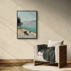 Alps Still - Poster displayed in a modern space, depicting a peaceful lakeside scene with a bench and hat.