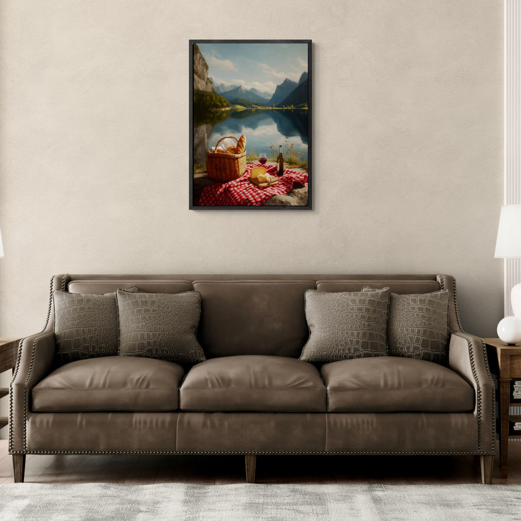 Alps Stillness - Poster showcasing a cozy lakeside picnic framed above a stylish couch.