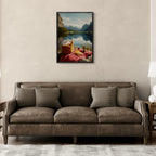 Alps Stillness - Poster showcasing a cozy lakeside picnic framed above a stylish couch.