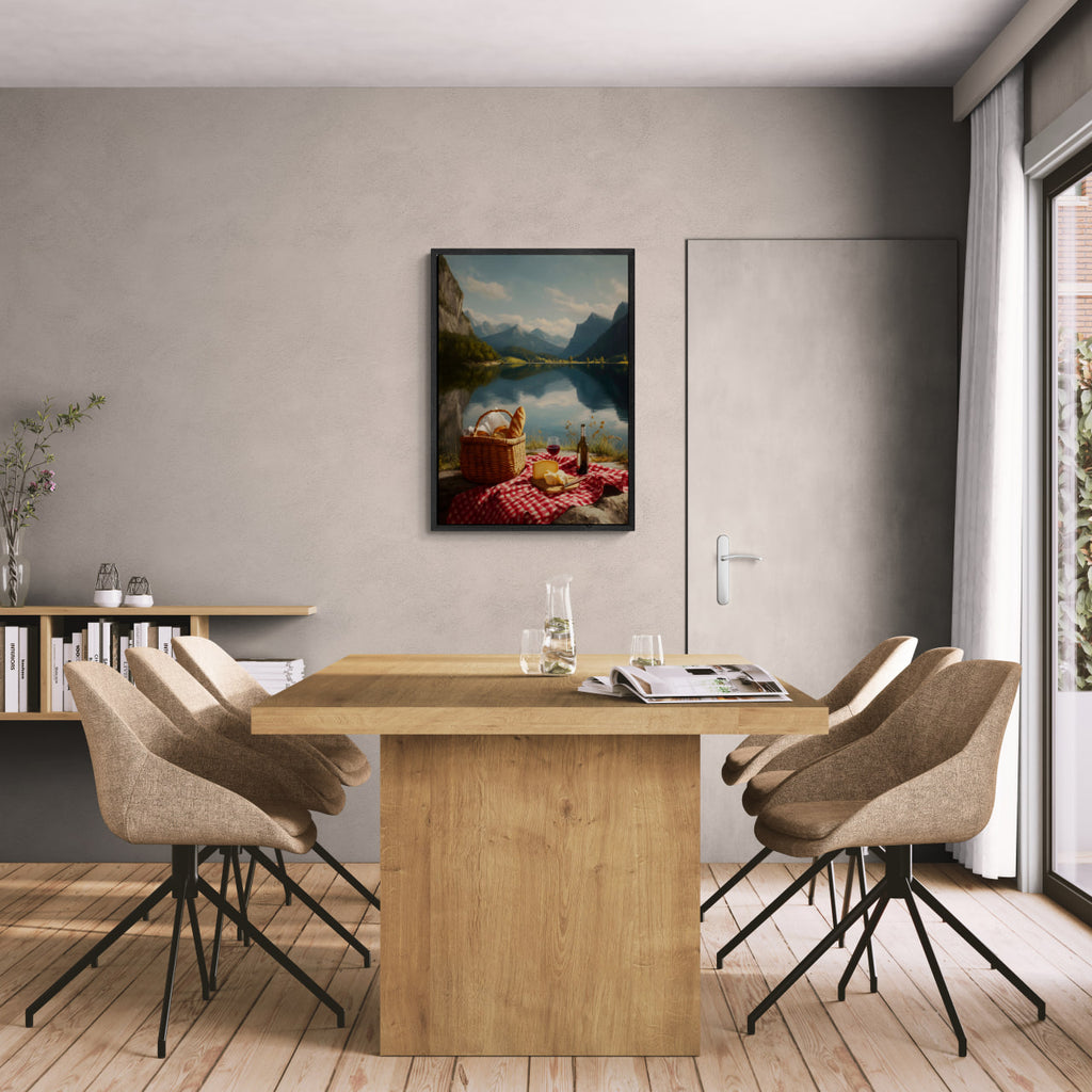 Alps Stillness - Poster in a modern dining room showcasing serene lakeside picnic art.