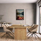 Alps Stillness - Poster in a modern dining room showcasing serene lakeside picnic art.