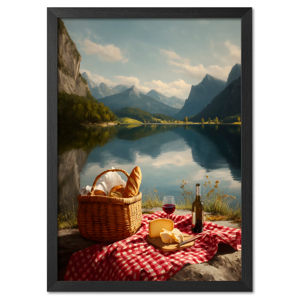 Alps Stillness - Poster featuring a peaceful lakeside picnic with mountains, wine, and cheese on a red checkered cloth.