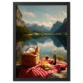 Alps Stillness - Poster featuring a peaceful lakeside picnic with mountains, wine, and cheese on a red checkered cloth.