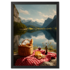 Alps Stillness - Poster featuring a peaceful lakeside picnic with mountains, wine, and cheese on a red checkered cloth.