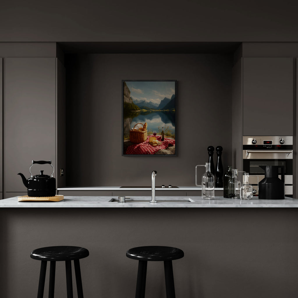 Alps Stillness - Poster displayed in a modern kitchen with a calm lakeside picnic scene.
