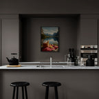 Alps Stillness - Poster displayed in a modern kitchen with a calm lakeside picnic scene.