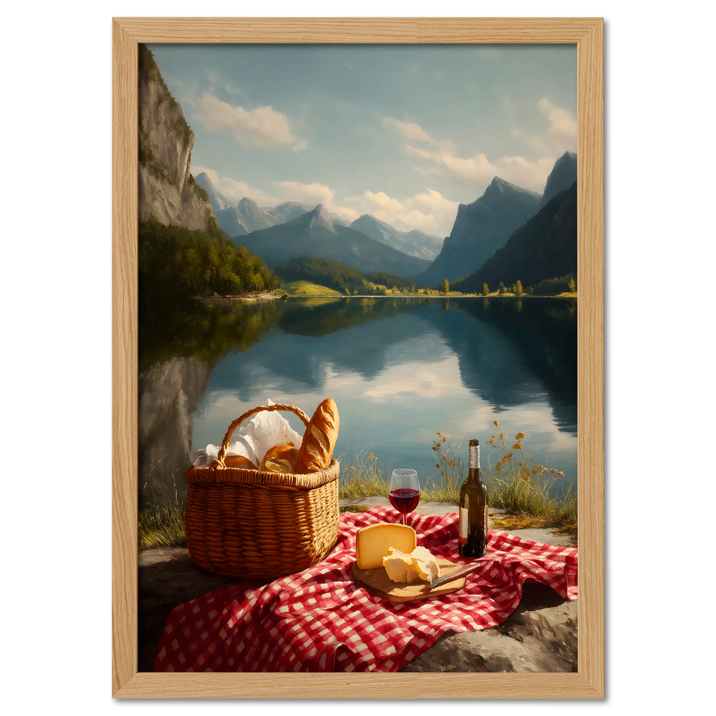 Alps Stillness - Poster depicting a lakeside picnic with bread, cheese, wine, and mountains reflecting on a calm lake.