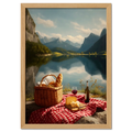 Alps Stillness - Poster depicting a lakeside picnic with bread, cheese, wine, and mountains reflecting on a calm lake.