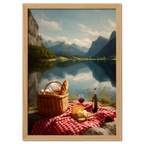 Alps Stillness - Poster depicting a lakeside picnic with bread, cheese, wine, and mountains reflecting on a calm lake.