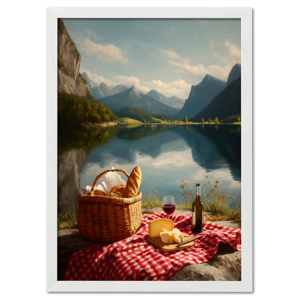 Alps Stillness - Poster featuring a serene lakeside picnic with a basket, bread, cheese, and wine amidst tall mountains.