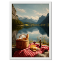 Alps Stillness - Poster featuring a serene lakeside picnic with a basket, bread, cheese, and wine amidst tall mountains.