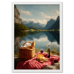 Alps Stillness - Poster featuring a serene lakeside picnic with a basket, bread, cheese, and wine amidst tall mountains.