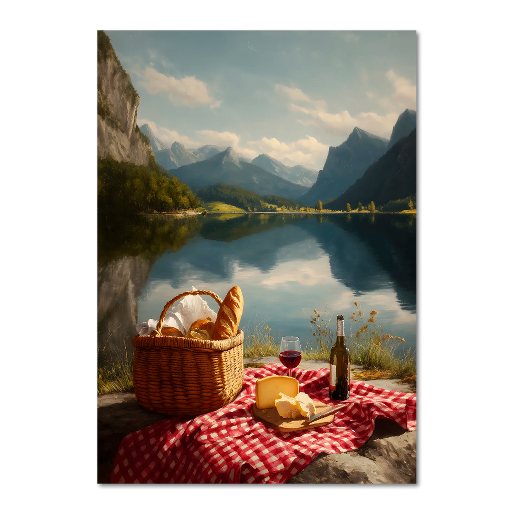 Alps Stillness - Poster showcasing a cozy lakeside picnic with cheese, bread, and wine near mountains and a calm lake.