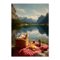 Alps Stillness - Poster showcasing a cozy lakeside picnic with cheese, bread, and wine near mountains and a calm lake.
