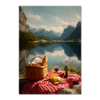 Alps Stillness - Poster showcasing a cozy lakeside picnic with cheese, bread, and wine near mountains and a calm lake.