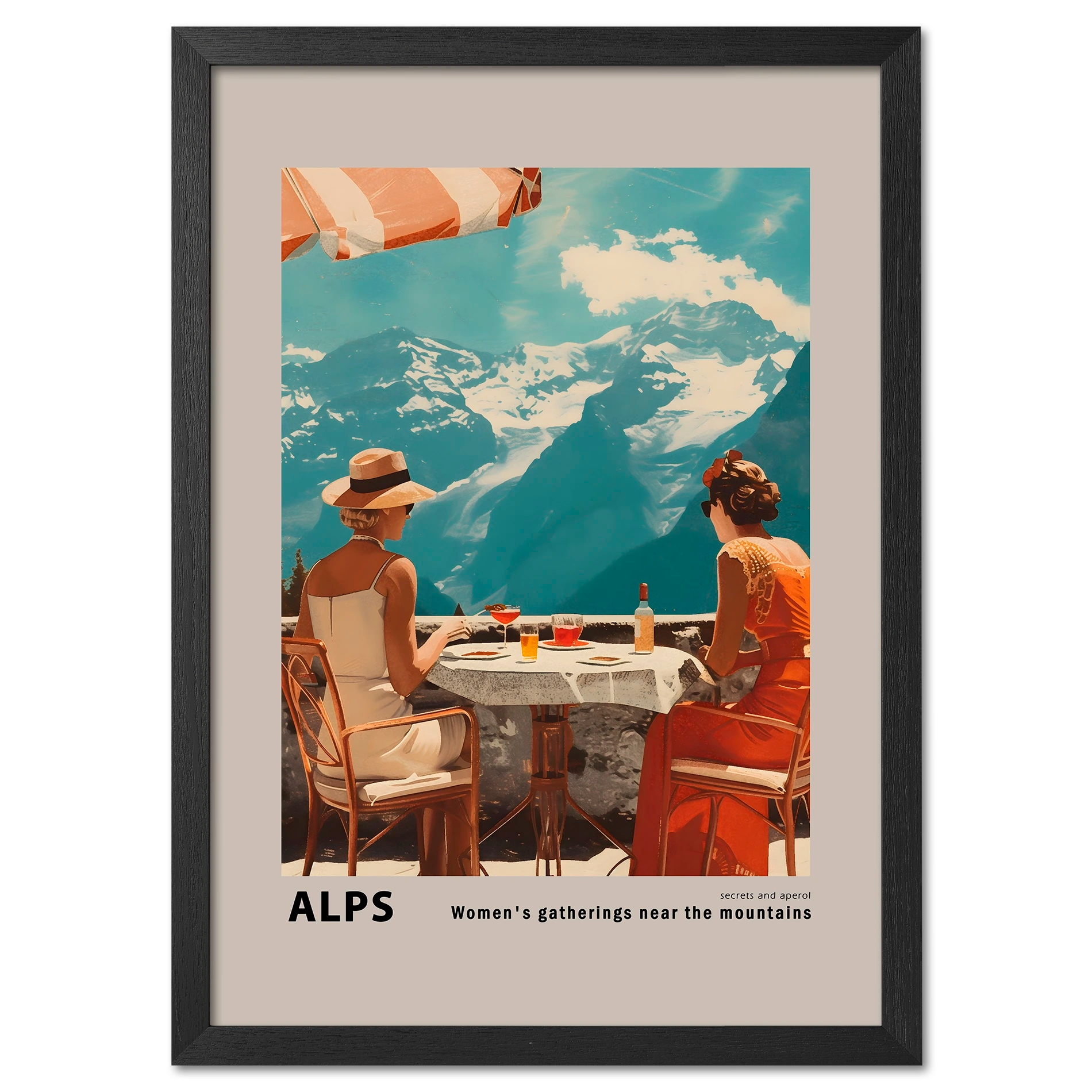 Meeting of girls near the mountains - Poster featuring two women at a terrace with snowy Alps in the background.