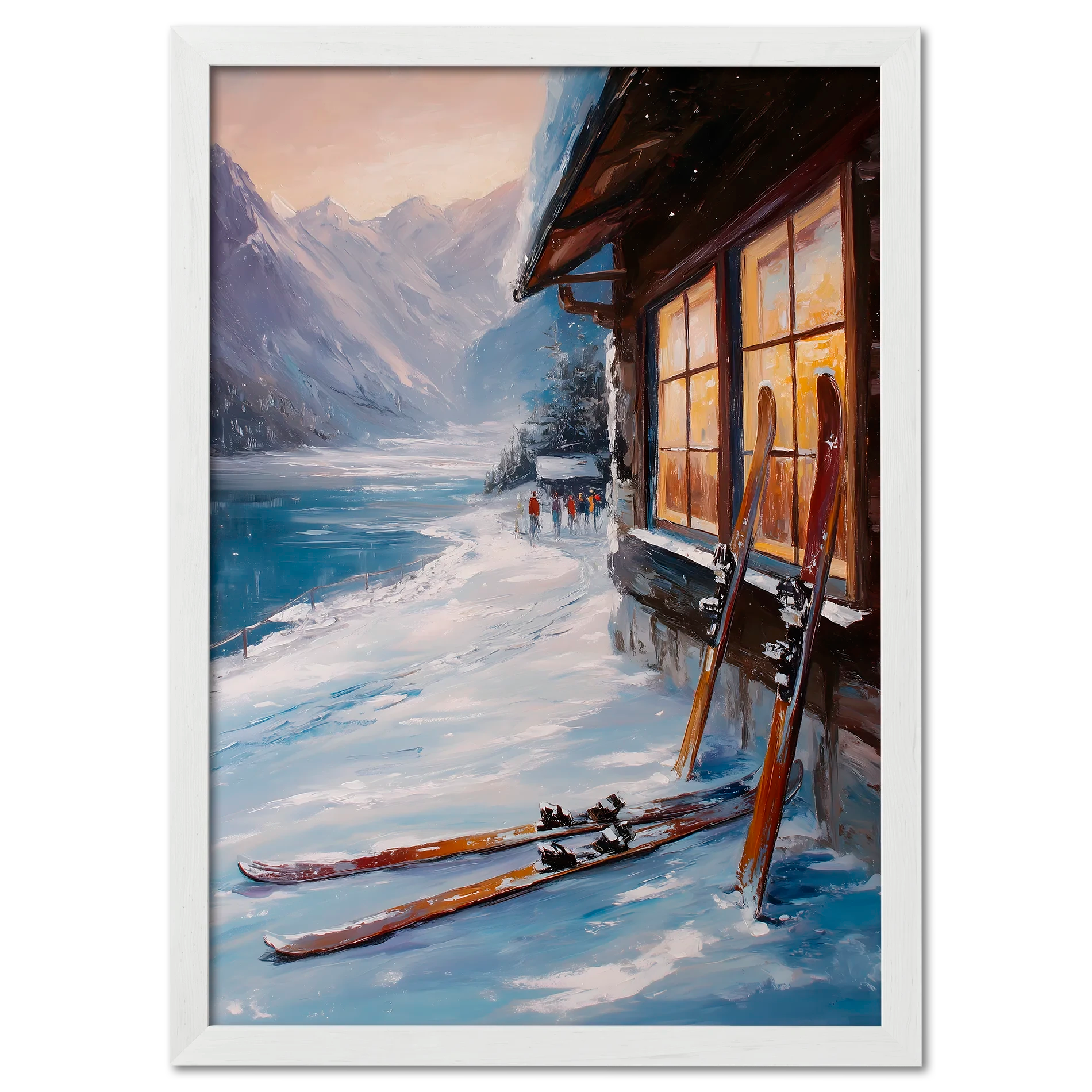 Alps Après - Poster featuring skis outside a cozy lodge with a serene winter landscape and glowing warm light.