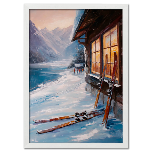 Alps Après - Poster featuring skis outside a cozy lodge with a serene winter landscape and glowing warm light.