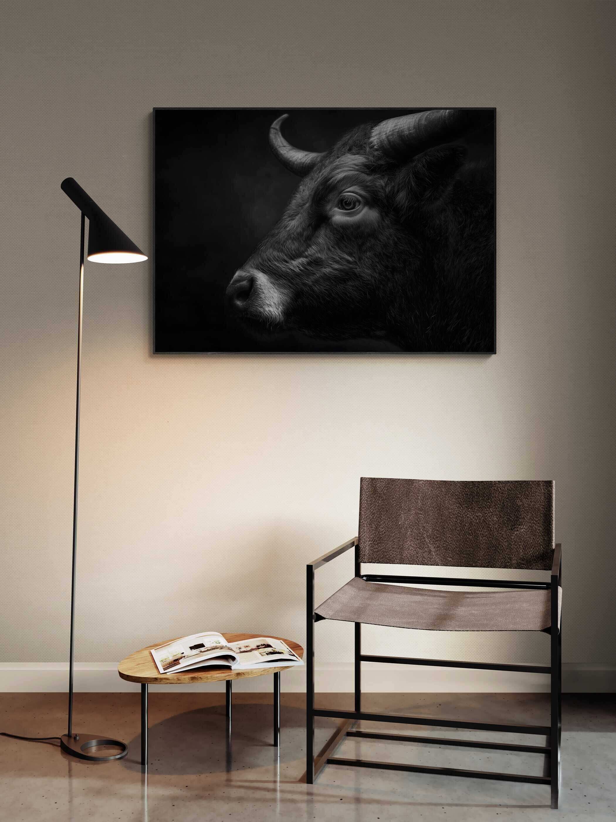 Profile of a bull - Alu-Dibond wall art displayed in modern living room with stylish chair and lamp.