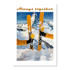 Skis, mountains, wine - Poster featuring skiers toasting with champagne glasses against alpine backdrop.