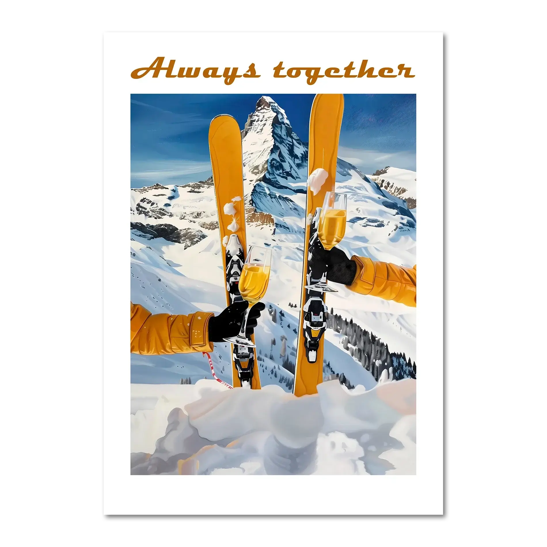 Skis, mountains, wine - Poster featuring skiers toasting with champagne glasses against alpine backdrop.