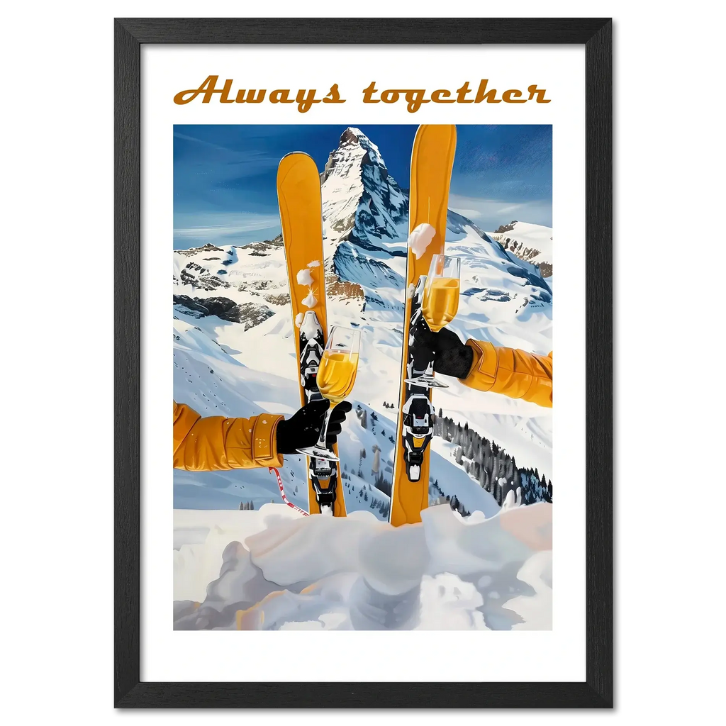 Skis, mountains, wine - Poster featuring two skiers raising glasses of sparkling wine in a snowy mountain landscape.