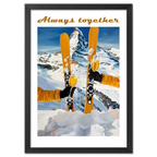 Skis, mountains, wine - Poster featuring two skiers raising glasses of sparkling wine in a snowy mountain landscape.