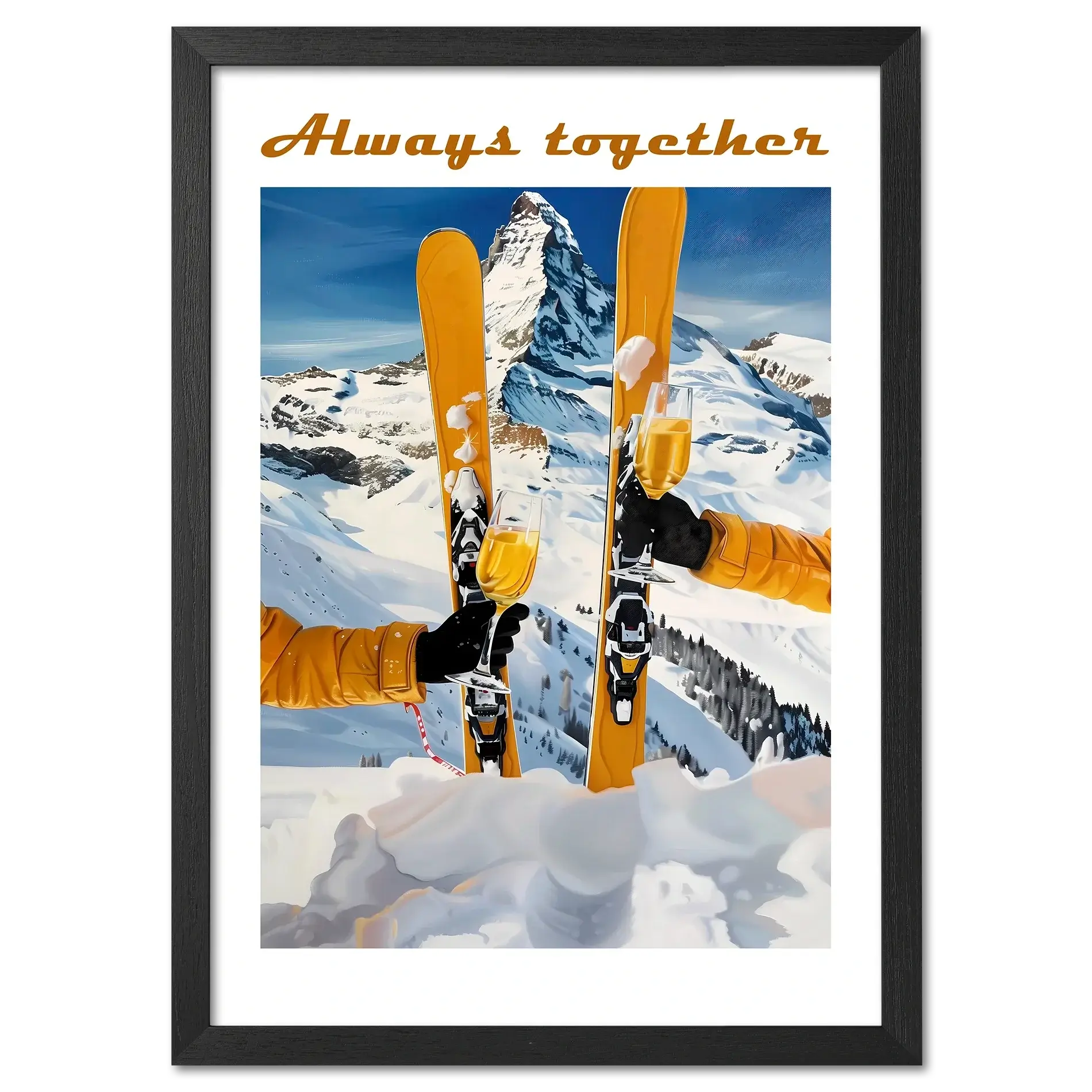 Skis, mountains, wine - Poster featuring two skiers raising glasses of sparkling wine in a snowy mountain landscape.