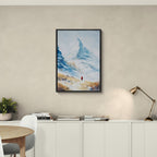 Approaching Matterhorn - Poster featuring a snowy mountain landscape and a lone figure in a red coat.