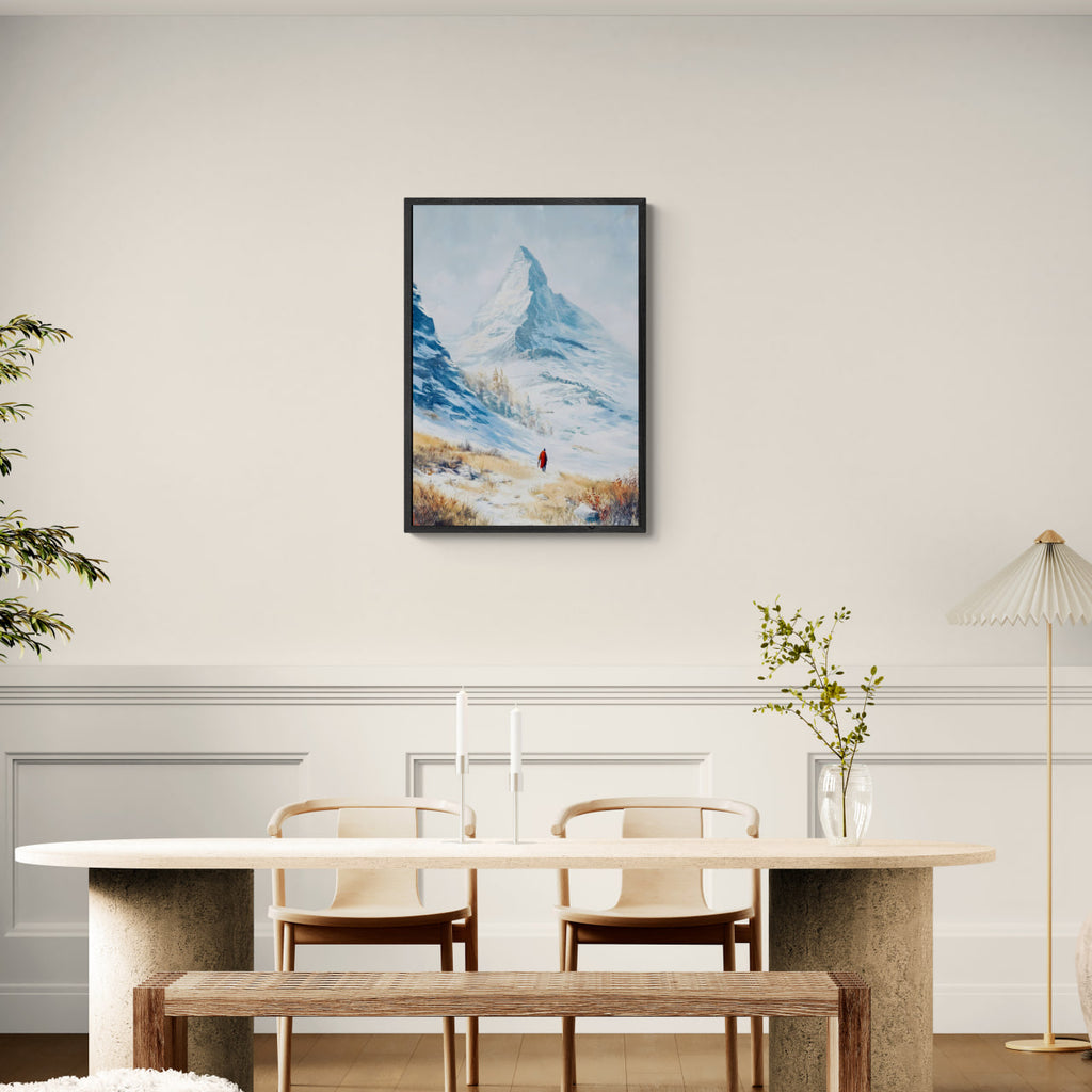 Approaching Matterhorn - Poster displayed in a modern dining area with minimalist decor, showcasing snowy mountain landscape.