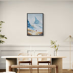 Approaching Matterhorn - Poster displayed in a modern dining area with minimalist decor, showcasing snowy mountain landscape.