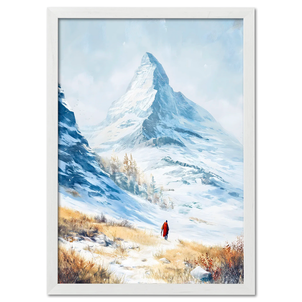 Approaching Matterhorn - Poster featuring a snowy mountain landscape with person in red coat walking in winter scenery.