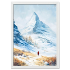 Approaching Matterhorn - Poster featuring a snowy mountain landscape with person in red coat walking in winter scenery.