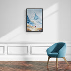 Approaching Matterhorn - Poster displayed in a modern minimalist room with a blue chair and snowy mountain artwork.