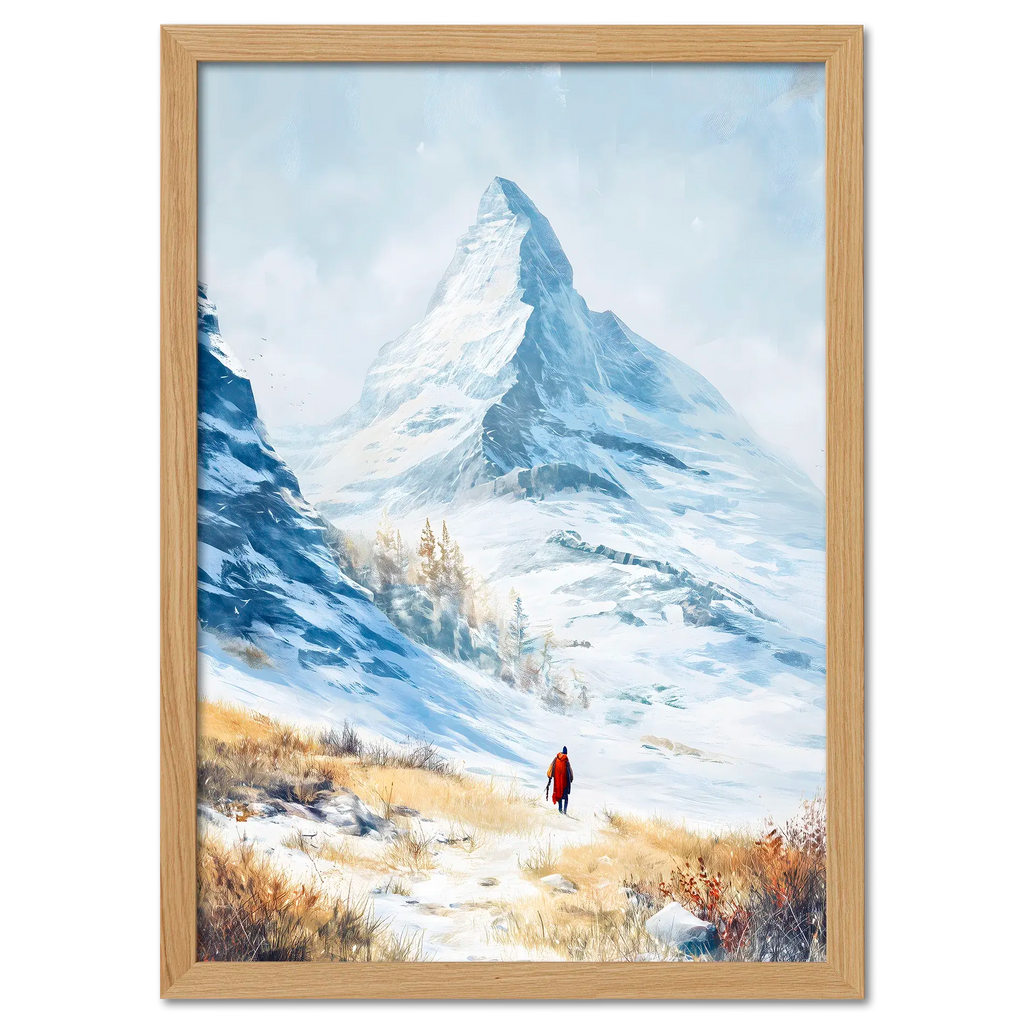 Approaching Matterhorn - Poster featuring a snowy mountain landscape and a figure in a red coat walking in the snow.