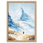 Approaching Matterhorn - Poster featuring a snowy mountain landscape and a figure in a red coat walking in the snow.